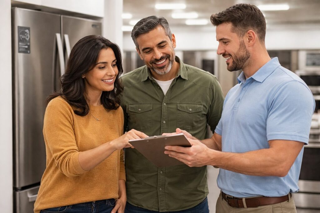 Diverse group of customers and sales associates interacting in a modern appliance showroom with washers and refrigerators