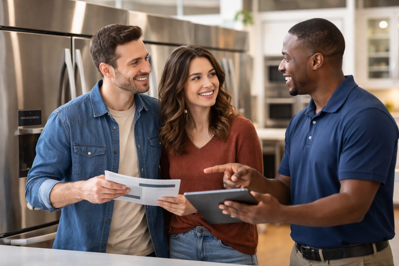 Appliance store sales associate explaining extended warranty options to a middle-aged couple in a modern showroom