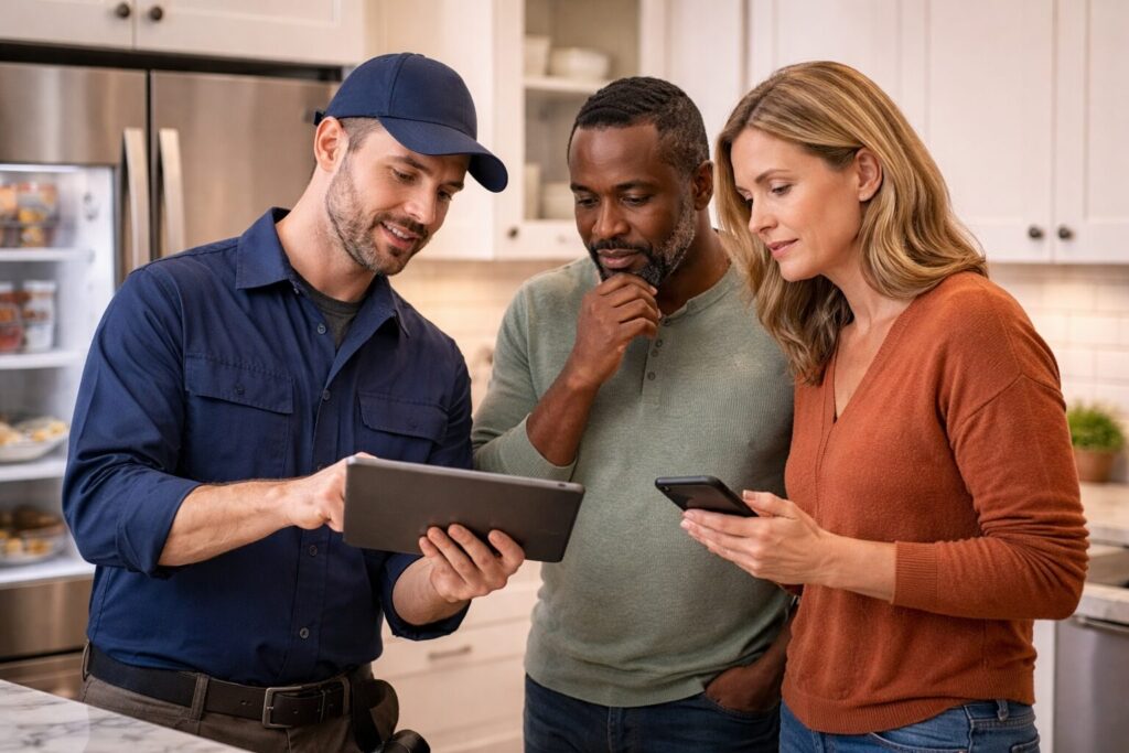 Homeowner discussing appliance repair options with technician in modern kitchen, reviewing repair details together