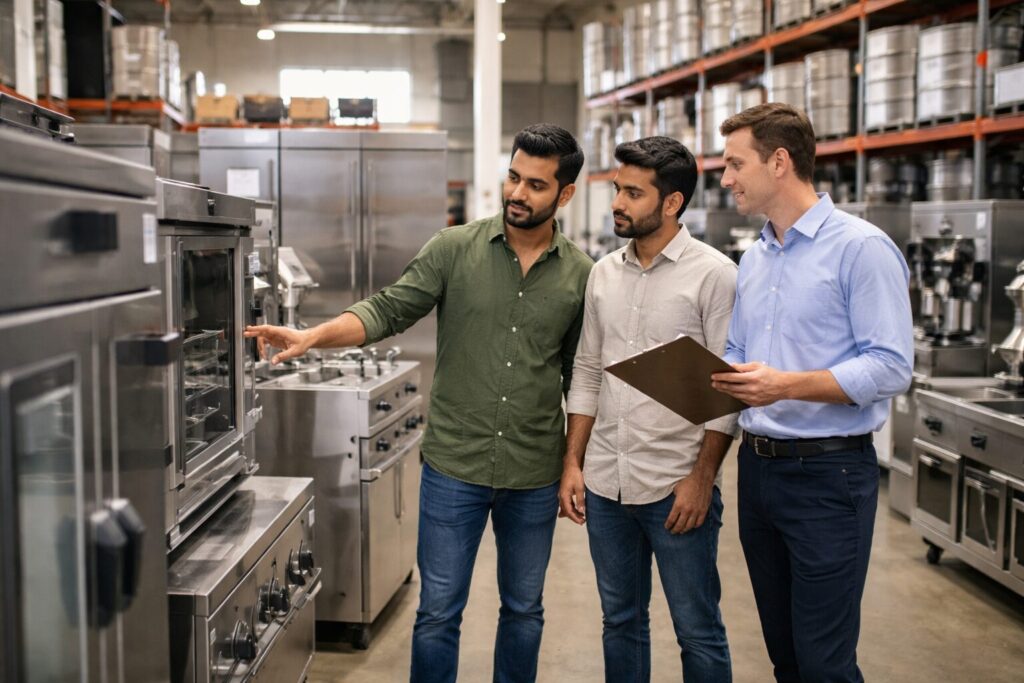 commercial appliance showroom with diverse staff assisting customers among rows of modern equipment and warehouse storage