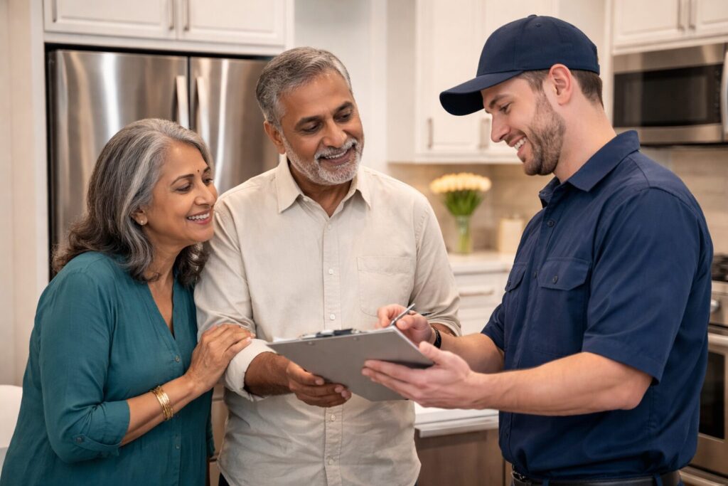 Older Brown couple examining a modern luxury appliance in a bright kitchen with natural expressions and casual clothing
