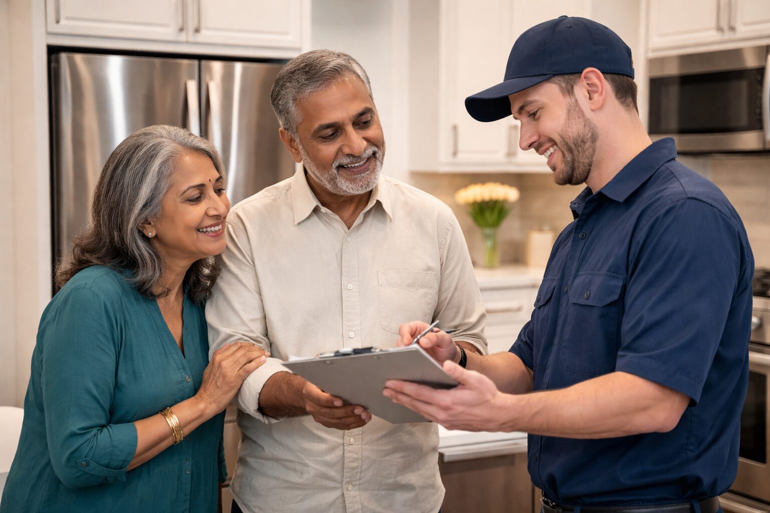 Older Brown couple examining a modern luxury appliance in a bright kitchen with natural expressions and casual clothing