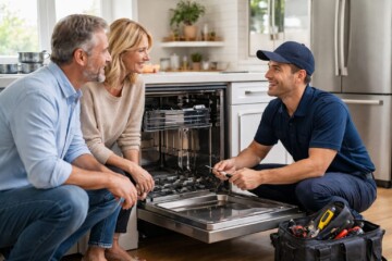 Appliance technician repairing a modern kitchen appliance while homeowner observes in a bright contemporary kitchen
