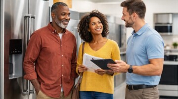 Appliance retailer discussing warranty pricing options with a customer in a modern showroom environment