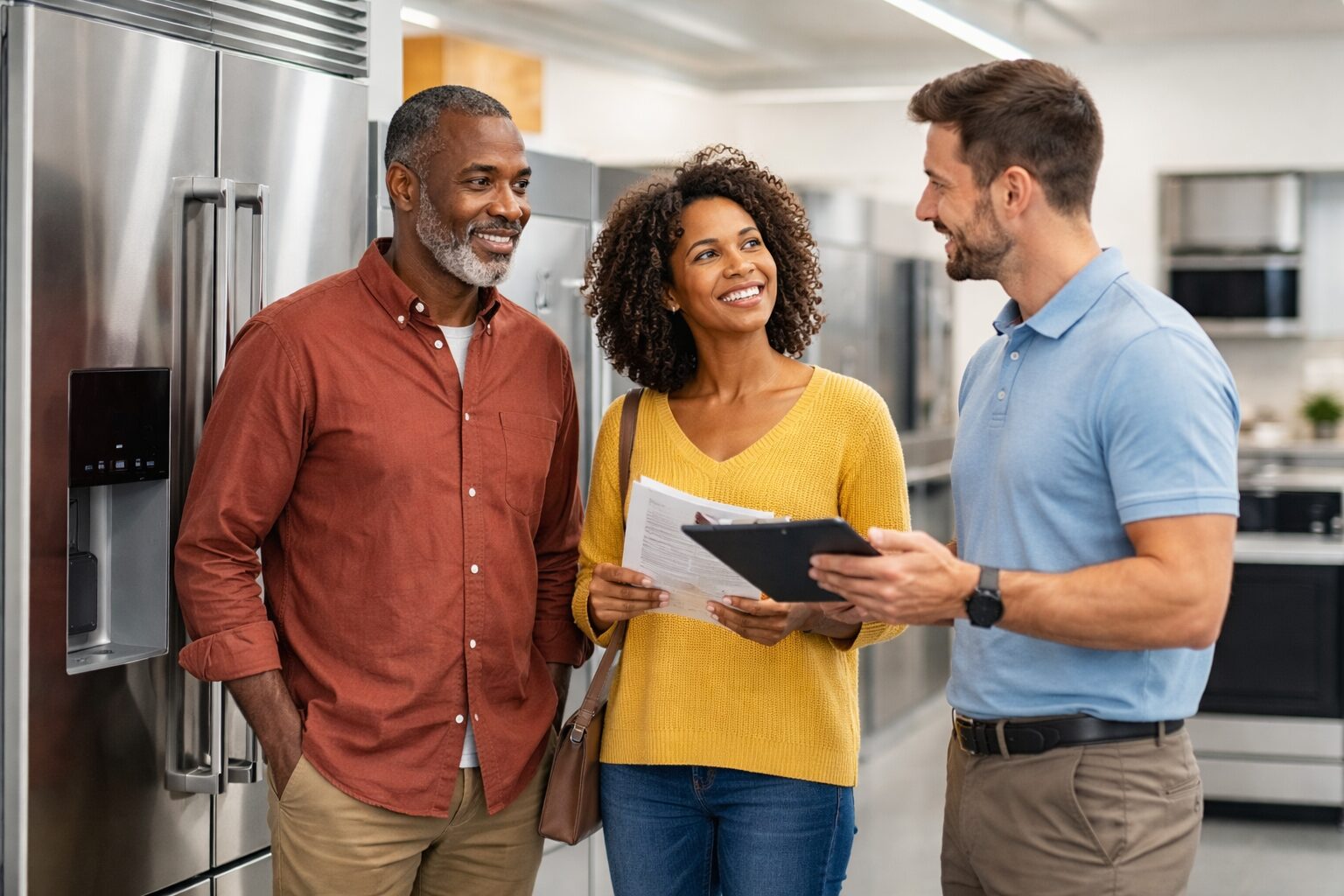 Appliance retailer discussing warranty pricing options with a customer in a modern showroom environment
