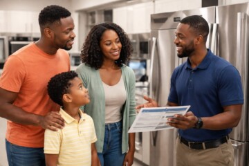 Black family shopping for kitchen appliances in a bright showroom with a sales associate explaining product features