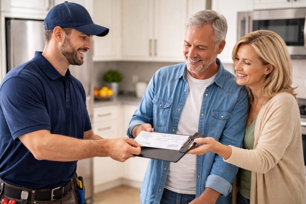 Appliance technician discussing repair details with a smiling homeowner in a modern kitchen environment
