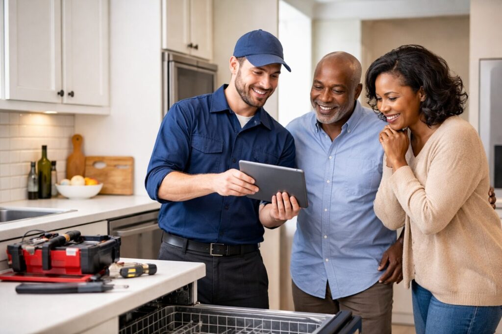 Appliance technician discussing repair details with a middle-aged couple in a modern kitchen during service visit