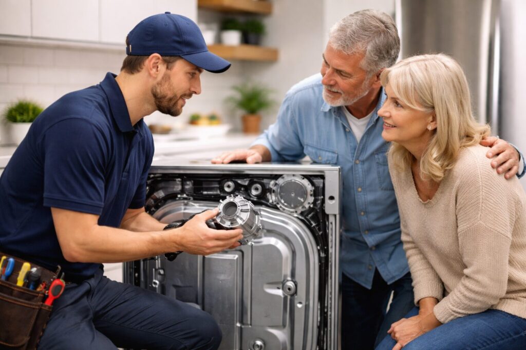 Appliance technician discussing repair details with homeowner in modern kitchen with stainless steel appliances