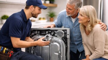 Appliance technician discussing repair details with homeowner in modern kitchen with stainless steel appliances