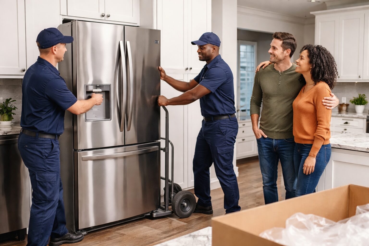 Appliance sales associate handing a new washing machine delivery to a smiling middle-aged couple in a modern kitchen