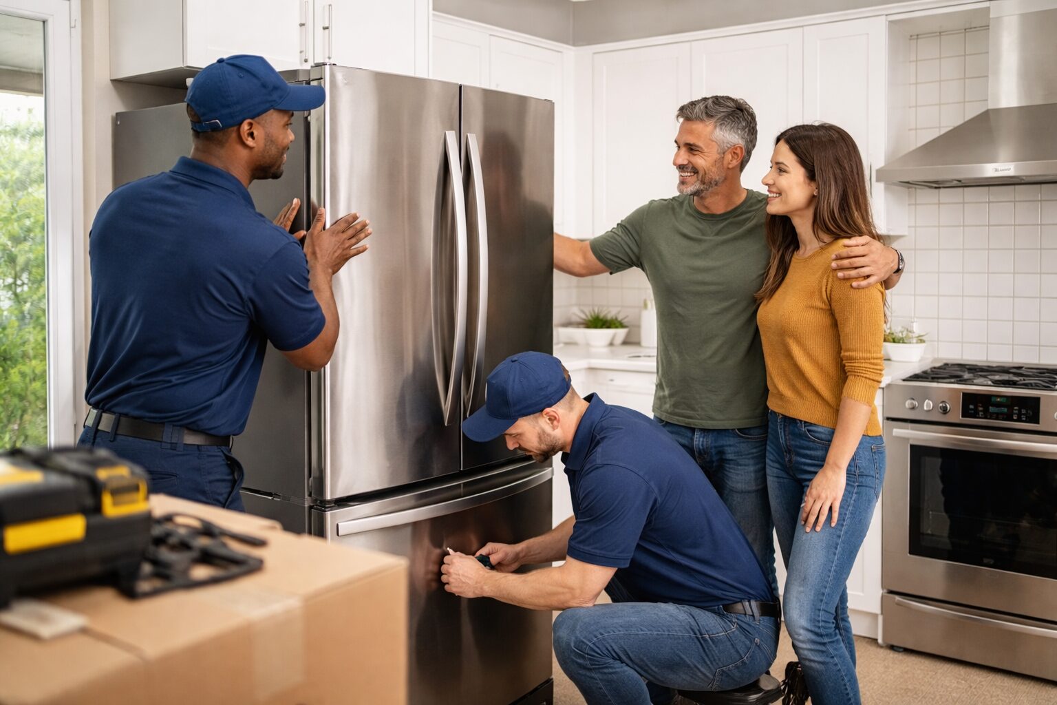 Appliance sales associate helping a diverse couple choose a refrigerator in a bright modern showroom