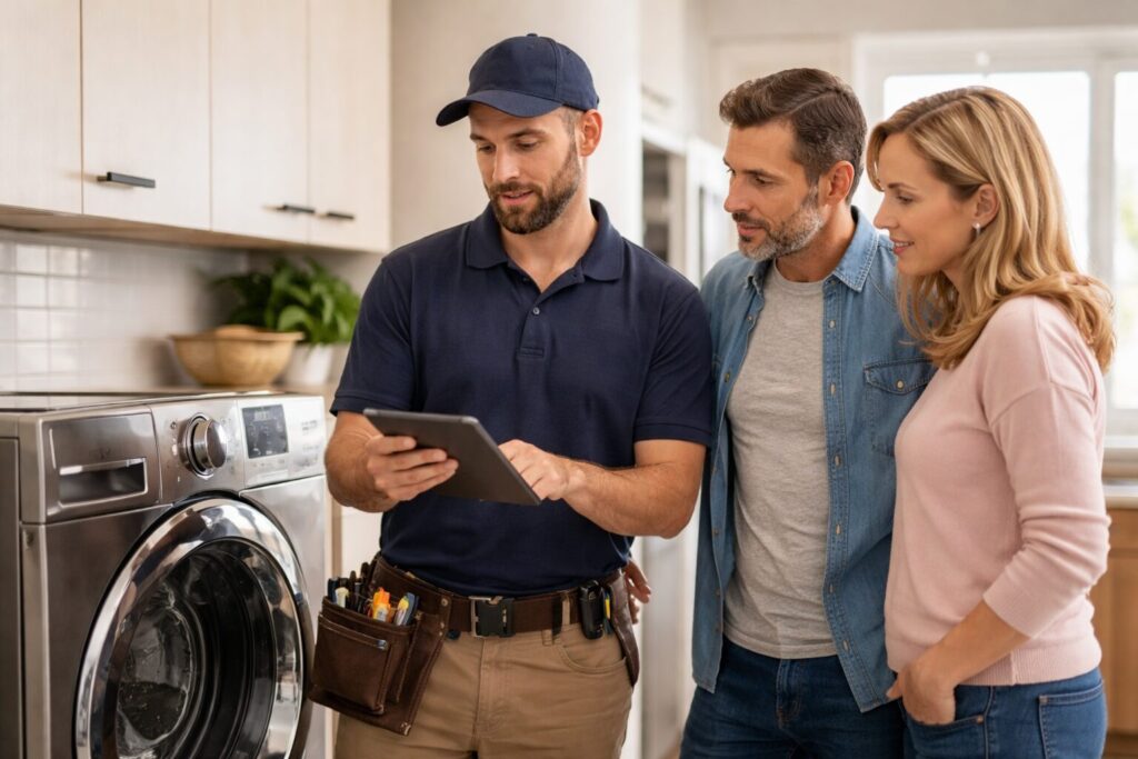 Homeowner discussing appliance repair with technician in modern kitchen while pointing at a washing machine display panel