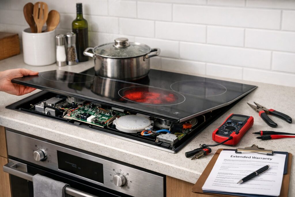 Technician inspecting a modern cooktop in a bright kitchen, with repair tools and warranty documents nearby