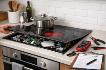 Technician inspecting a modern cooktop in a bright kitchen, with repair tools and warranty documents nearby