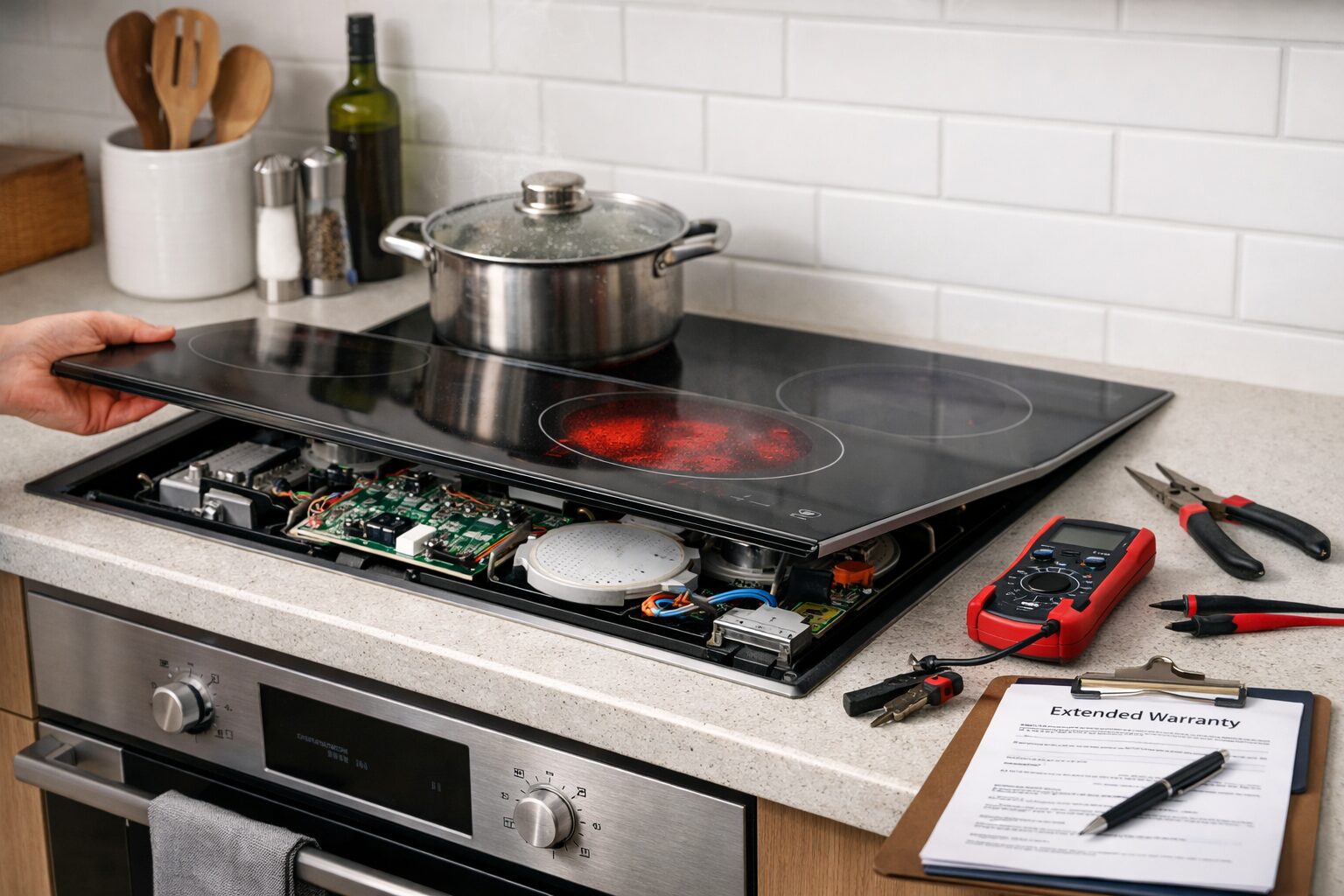 Technician inspecting a modern cooktop in a bright kitchen, with repair tools and warranty documents nearby