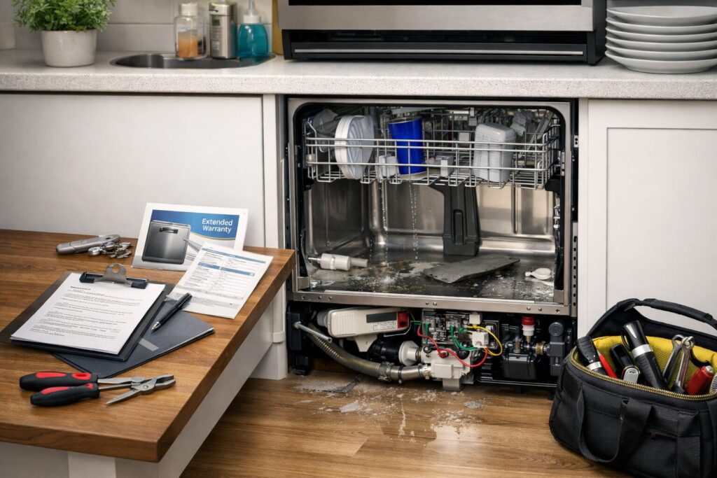 Technician inspecting dishwasher control panel in modern kitchen with repair tools nearby and warranty paperwork on counter