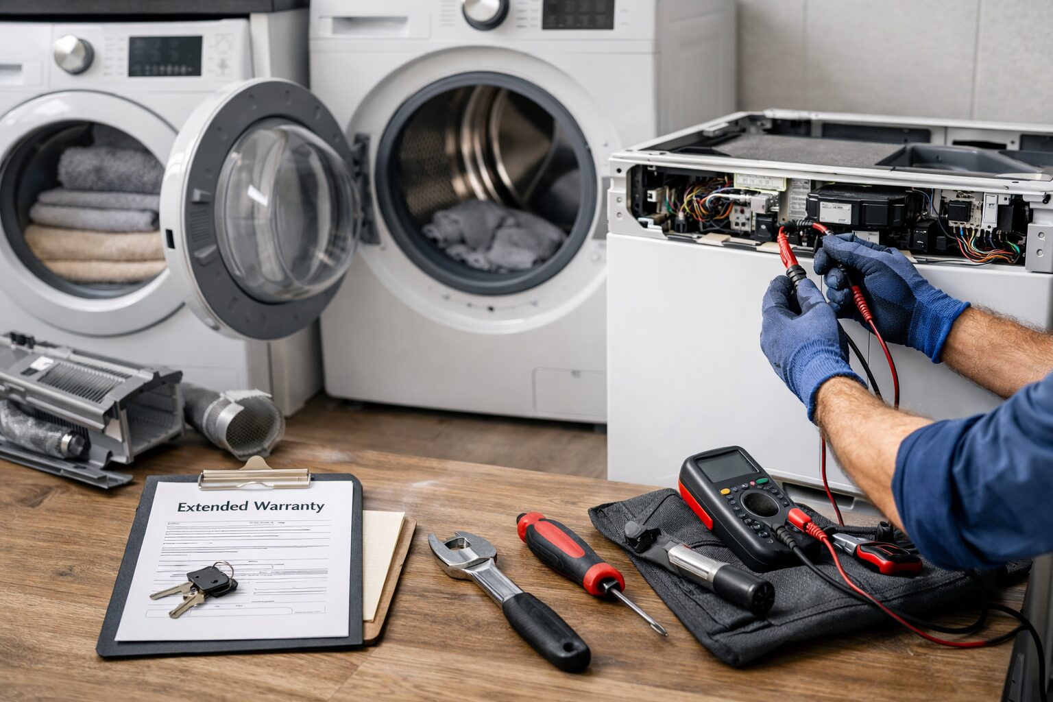 Technician inspecting a dryer in a modern laundry room with warranty documents on nearby counter