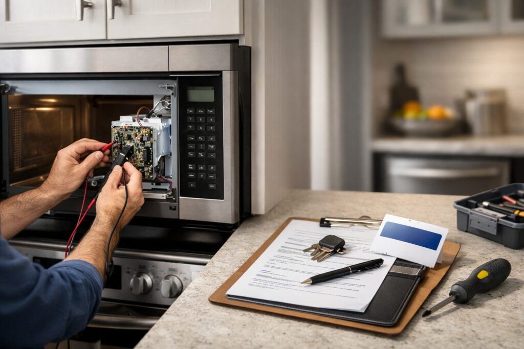 Technician inspecting a microwave in a modern kitchen with warranty documents and repair tools nearby on the counter