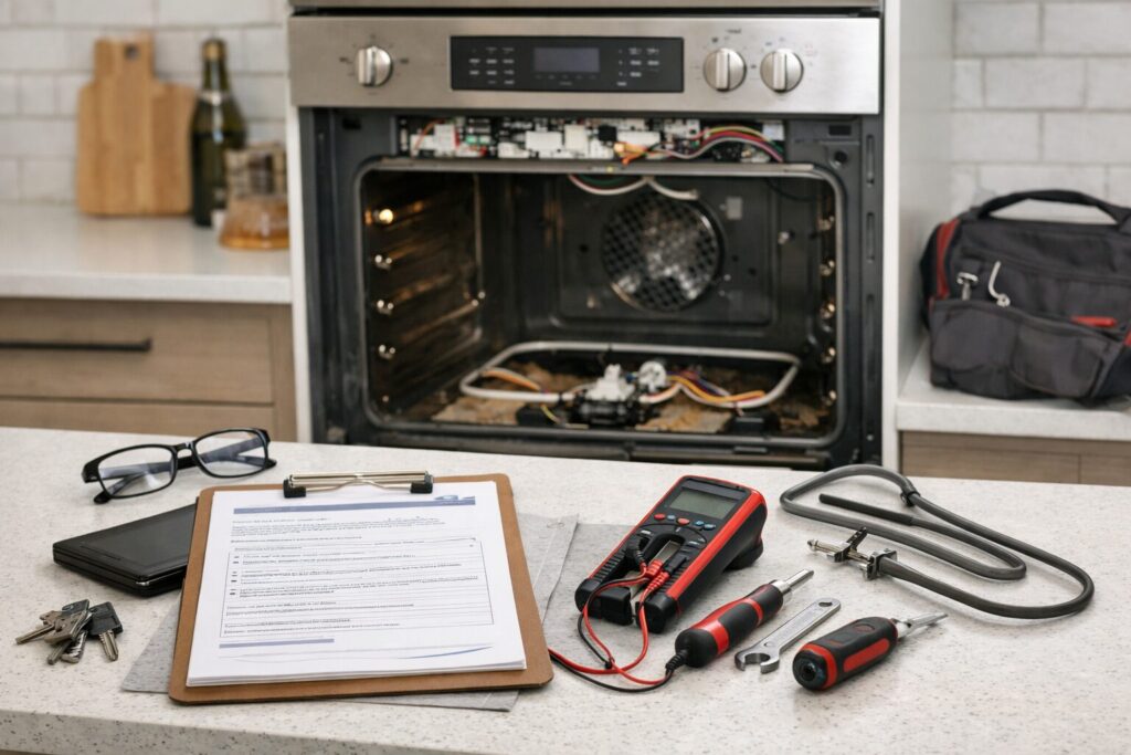 Technician inspecting oven control panel in modern kitchen with repair tools nearby and warranty documents on counter