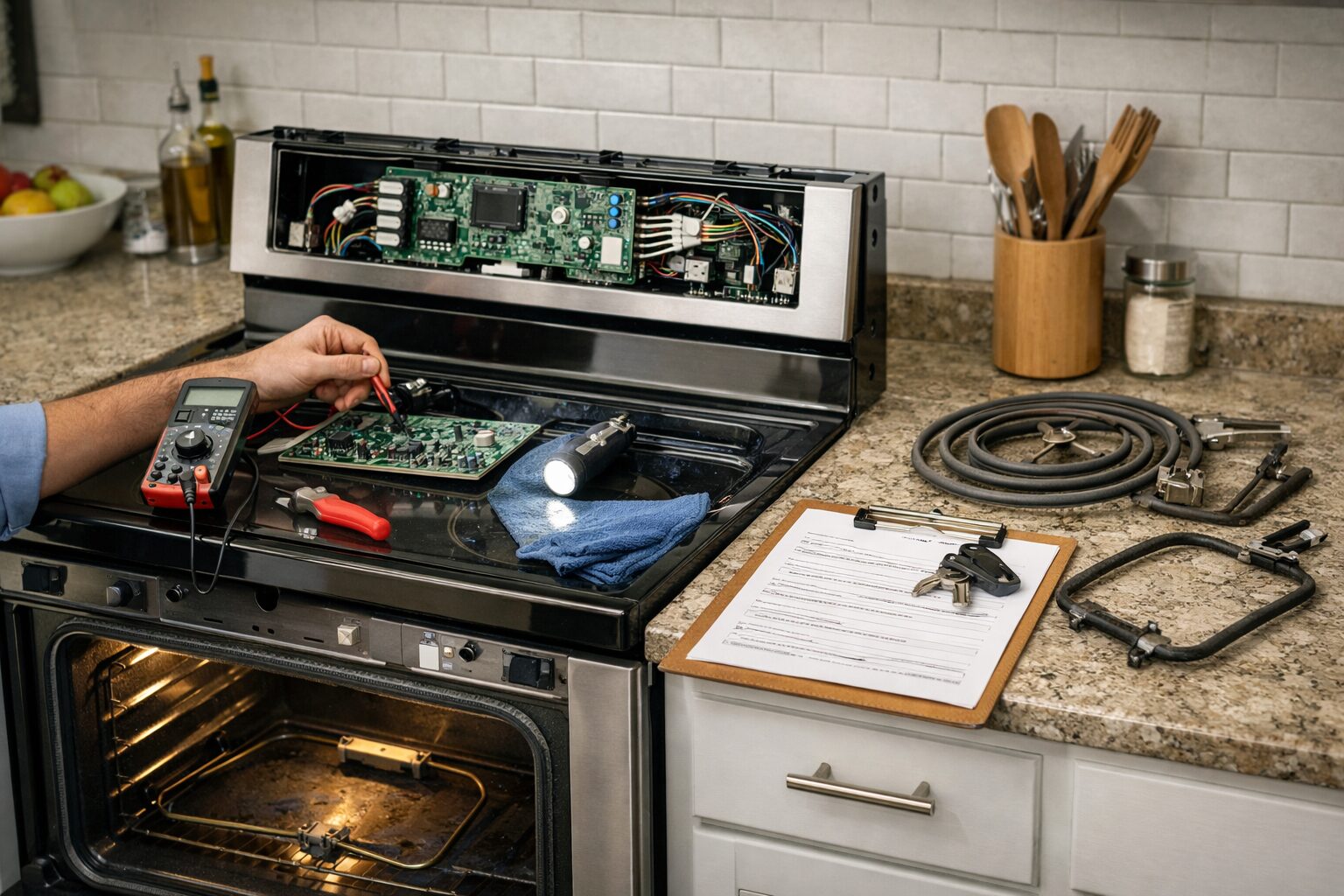 Technician inspecting a modern kitchen range with repair tools on a countertop in a bright home kitchen environment