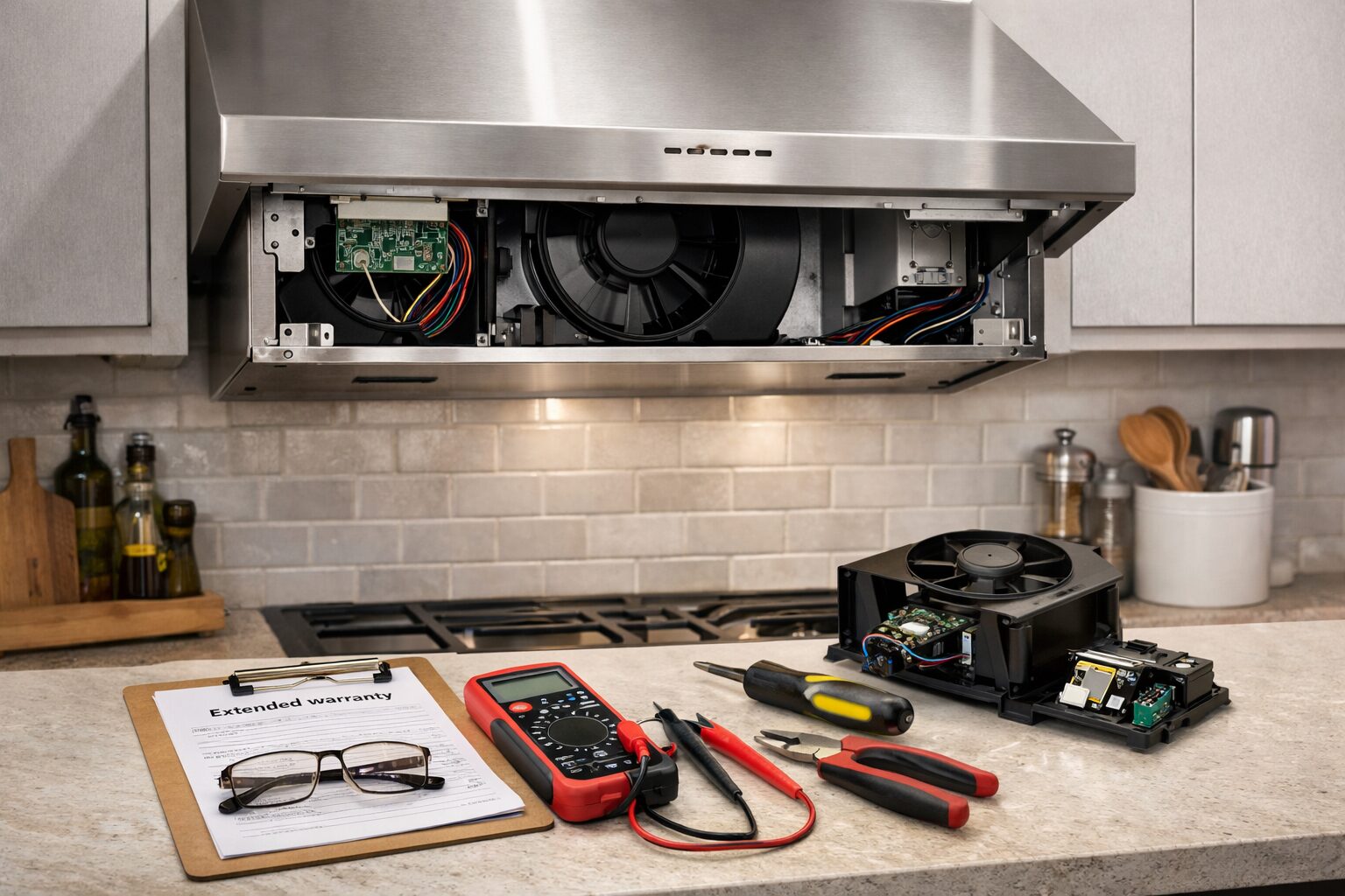 Technician inspecting and repairing a modern range hood in a clean, well-lit kitchen environment