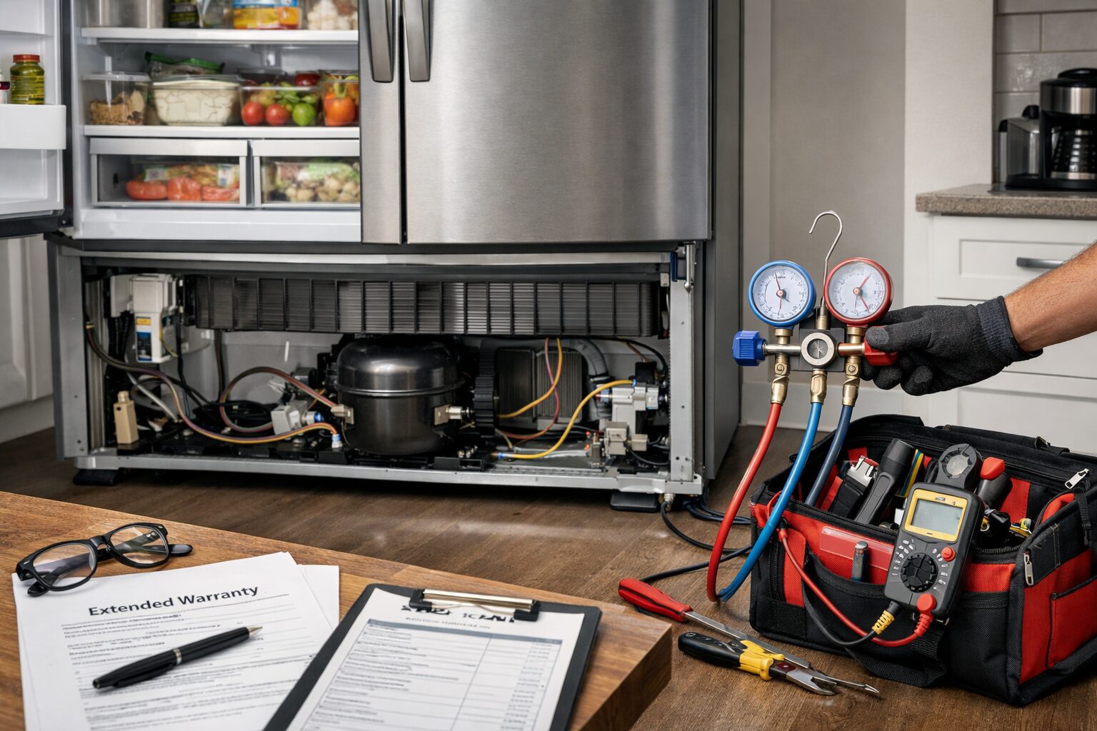 Technician inspecting a modern refrigerator in a bright kitchen with repair tools nearby and warranty documents on the