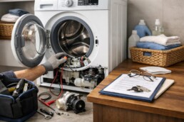 Technician inspecting washing machine in modern laundry room with repair tools and warranty documents nearby