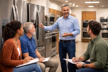 Appliance sales associate explaining warranty options to a middle-aged couple in a modern appliance showroom