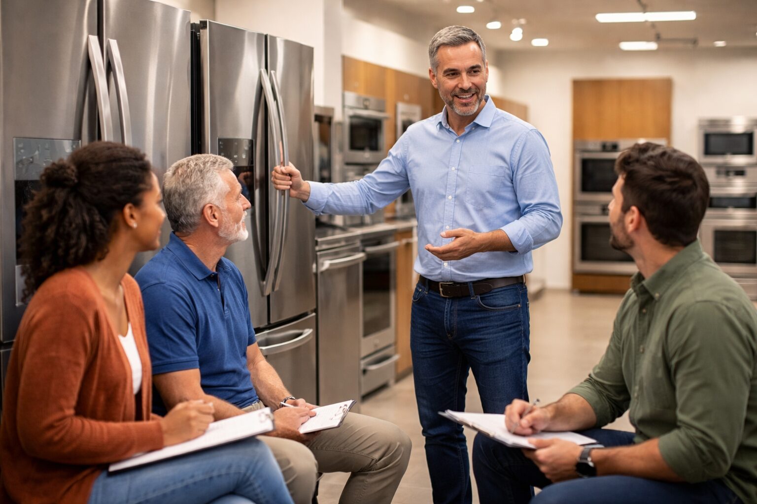 Appliance sales associate explaining warranty options to a middle-aged couple in a modern appliance showroom