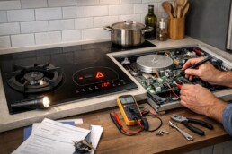 technician inspecting a modern cooktop in a clean kitchen setting with repair tools nearby