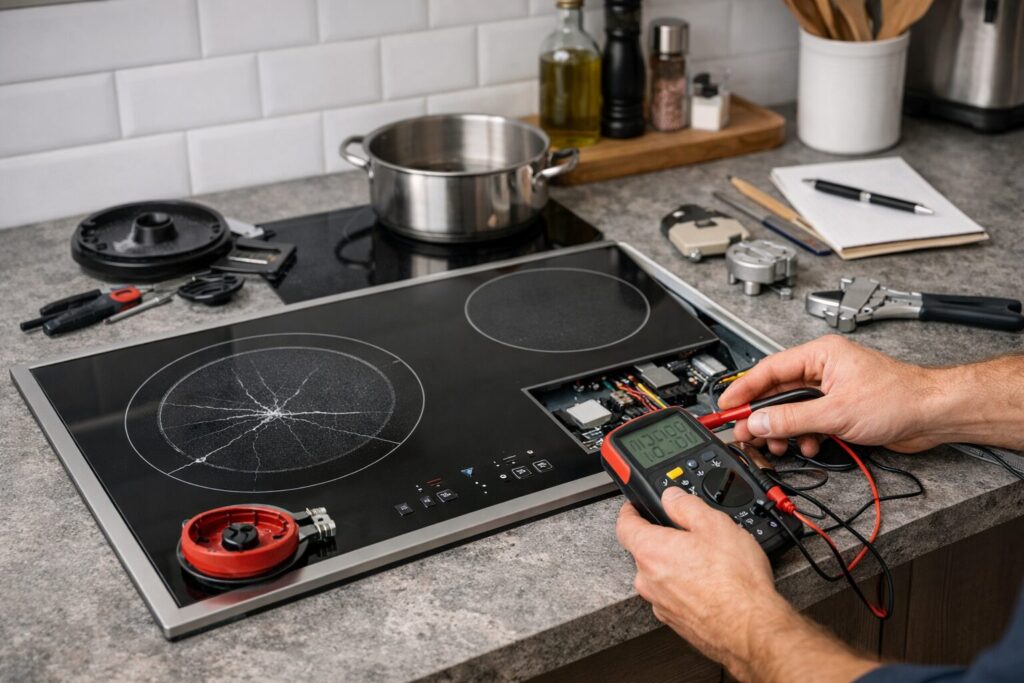 modern kitchen cooktop with visible burner and control panel showing signs of wear and minor damage