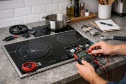 modern kitchen cooktop with visible burner and control panel showing signs of wear and minor damage