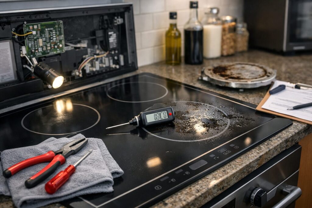 Modern kitchen cooktop with visible wear and a technician inspecting it using diagnostic tools on a countertop