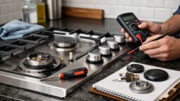 Technician inspecting and maintaining a modern cooktop in a clean, well-lit kitchen environment