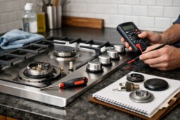 Technician inspecting and maintaining a modern cooktop in a clean, well-lit kitchen environment