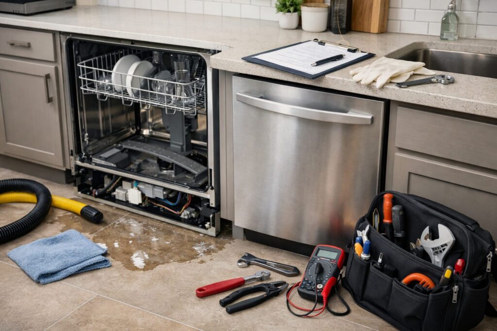 Technician inspecting a modern dishwasher in a clean kitchen, tools ready for repair or maintenance service call