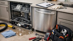 Technician inspecting a modern dishwasher in a clean kitchen, tools ready for repair or maintenance service call