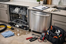 Technician inspecting a modern dishwasher in a clean kitchen, tools ready for repair or maintenance service call