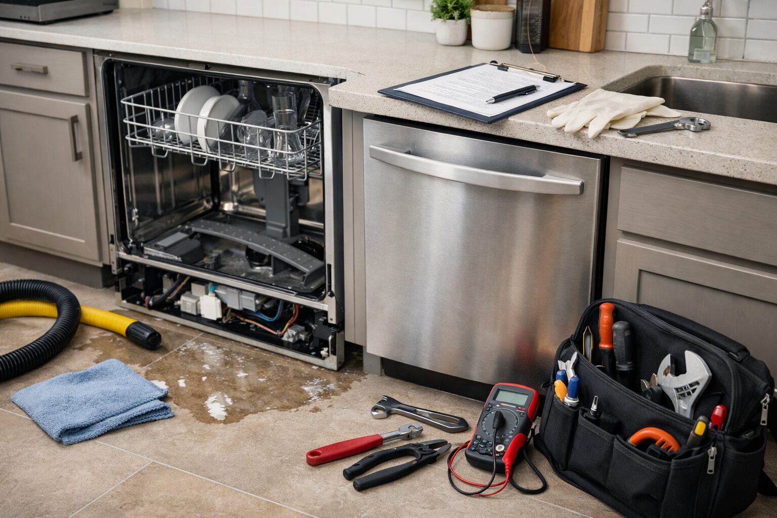 Technician inspecting a modern dishwasher in a clean kitchen, tools ready for repair or maintenance service call
