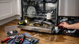 Technician inspecting dishwasher pump and control board in a modern kitchen during a repair service visit