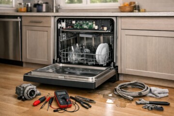 modern kitchen dishwasher with open door showing interior and visible control panel in a clean home environment