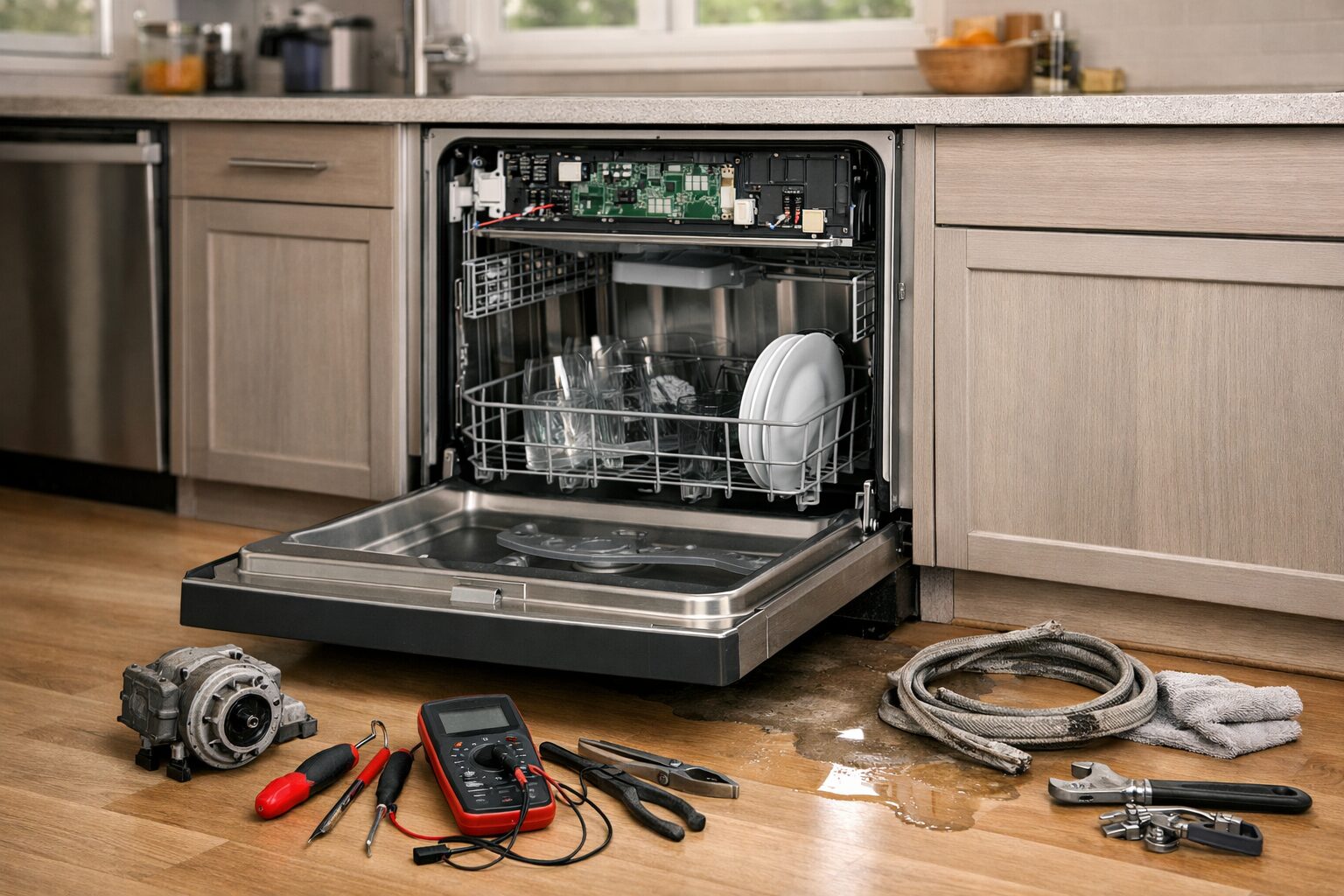modern kitchen dishwasher with open door showing interior and visible control panel in a clean home environment