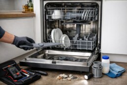 Technician inspecting and maintaining a dishwasher inside a modern kitchen to ensure long-term appliance durability