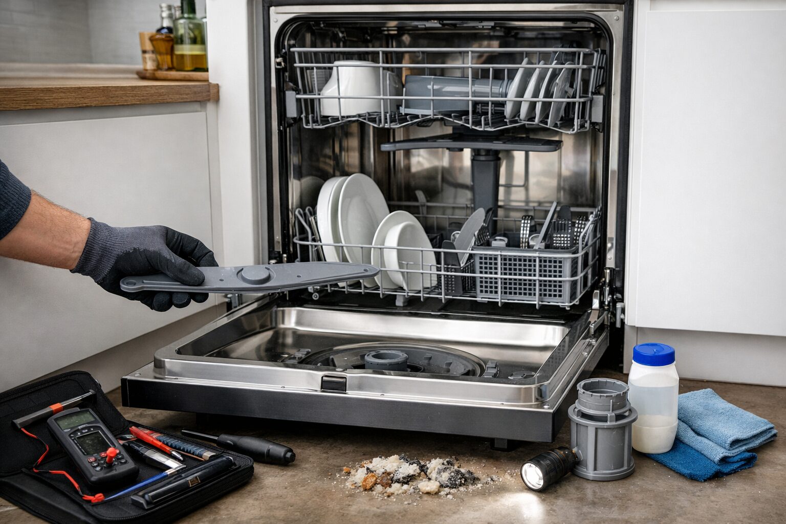 Technician inspecting and maintaining a dishwasher inside a modern kitchen to ensure long-term appliance durability