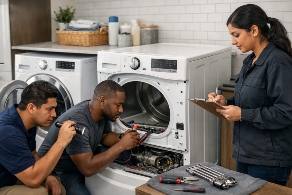 Technician inspecting a modern dryer in a bright laundry room with repair tools nearby and a diverse home environment visible