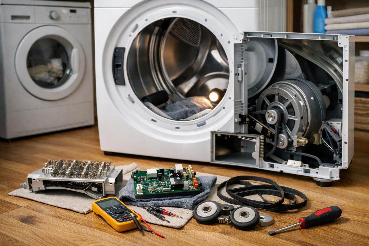 technician inspecting a dryer drum and control panel in a modern laundry room during a repair service