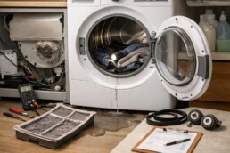 Modern laundry room with a dryer open for inspection and repair tools nearby indicating maintenance and reliability check