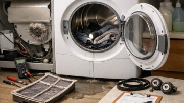 Modern laundry room with a dryer open for inspection and repair tools nearby indicating maintenance and reliability check