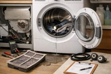 Modern laundry room with a dryer open for inspection and repair tools nearby indicating maintenance and reliability check